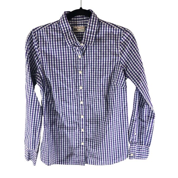 Thomas Mason for J Crew Womens Button Down Shirt Gingham Plaid Purple White 6? - Picture 1 of 3